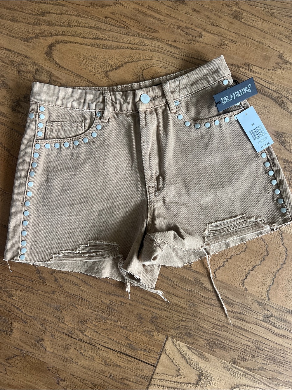 Blank NYC Tan Studded Distressed Denim Shorts